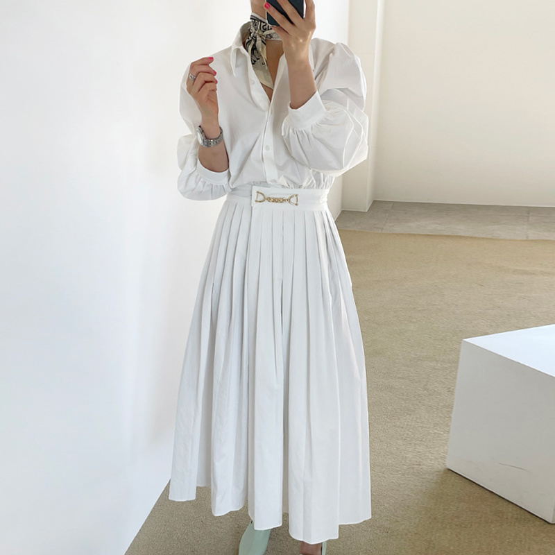 Elegant Solid Pleated Women Dresses Vintage Chic Slim Waist Turn Down Collar Femme Robe Puff Sleeve Vestidos 28177 210519