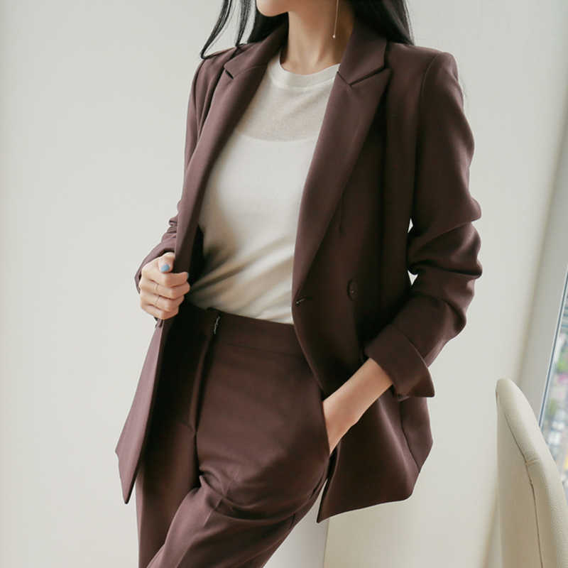 Casual solid color women' professional pants suit two-piece high quality Autumn double-breasted ladies jacket Elegant trousers 210527, Brown
Casual solid color women' professional pants suit two-piece high quality Autumn double-breasted ladies jacket Elegant trousers 210527, Brown