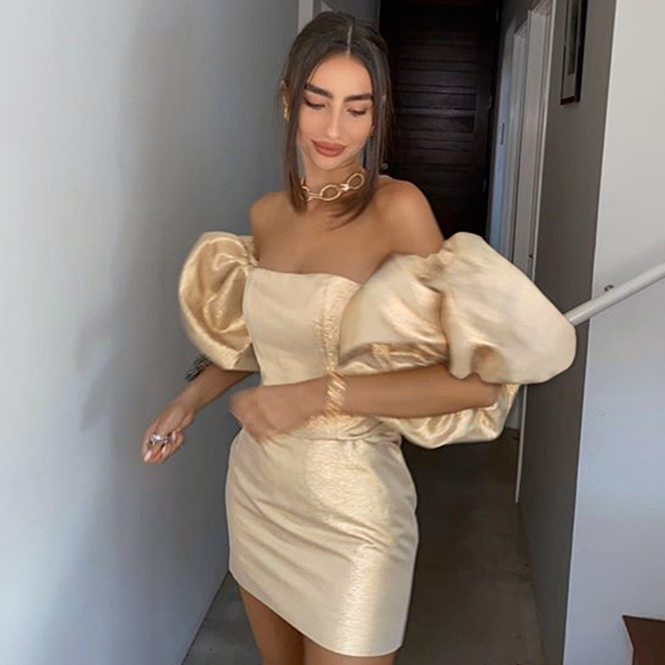 Arrival Women Gold Off Shoulder Club Mini Dress Sexy Short Lantern Sleeve Celebrity Evening Runway Party Dresses 210423