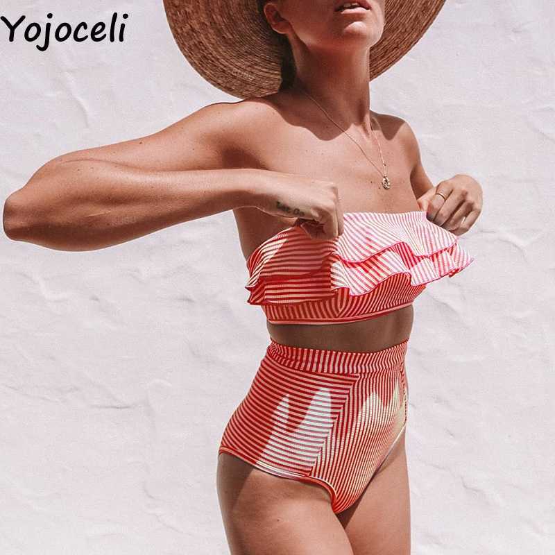 Yojoceli Sexy ruffle off shoulder striped swimsuit girls Elegant summer beach bikini Casual cool tankini women 210609