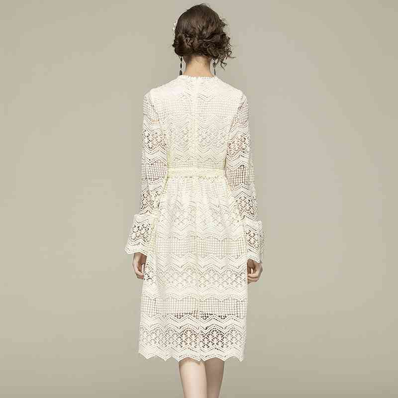 Spring Women Flare Sleeves Lace Hollow Out Dresses Female Elegant Slim Tie Up Vestido Da Festa 210520