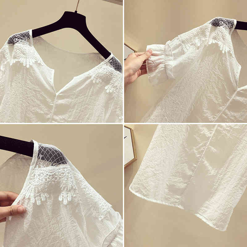 Solid Short Sleeve Lace White Shirt Korean Womens Tops and Blouses Blusas Mujer De Moda Loose Office Lady Clothes 9901 210506