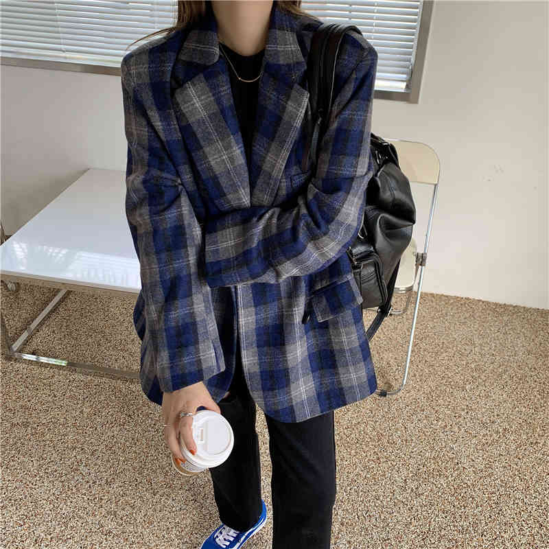 OL Notched Vintage Elegant Casual Plaid Woolen Blazer Jacket Autumn Winter Tops Women Blazers Loose Suit Coat Female 210421