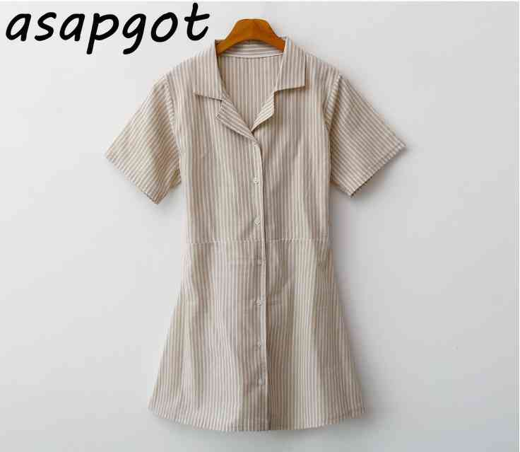 Casual Vintage Short Sleeve Blue Lapel Striped Shirts Dress Women Mini Preppy Style Student Summer Lace Up Vestido Mujer 210429