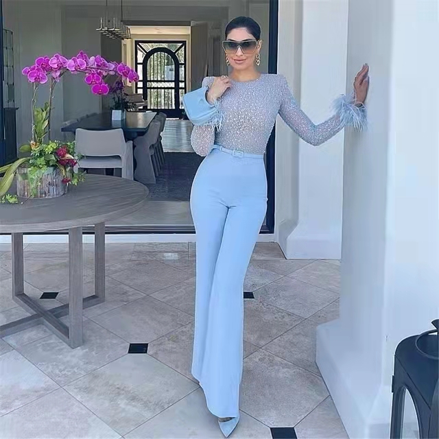 2022 Elegant Women Jumpsuits Formal Evening Dresses Feather Long Sleeves Sequins Pearls Beaded Special Occasion Gowns Prom Party Dress Pants Suit