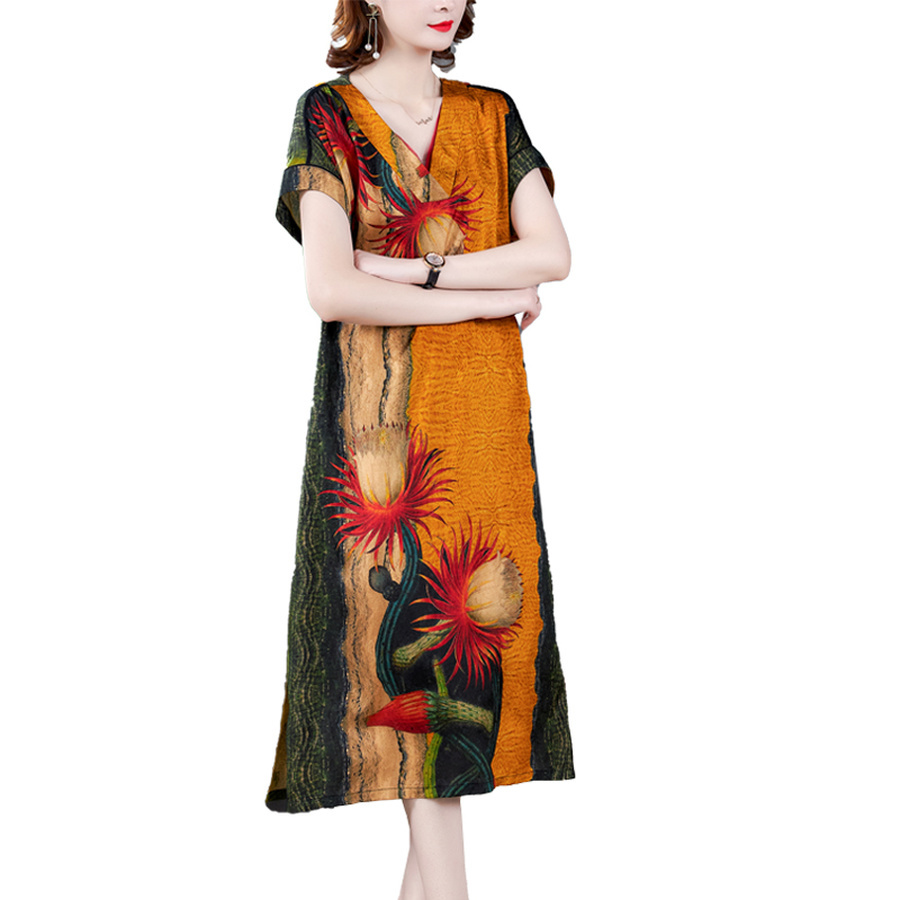 Summer High Quality Mulberry Silk Dress Fashion Vintage Print 4XL Plus Size Runway Midi Dress Elegant Women Bodycon Vestido 210331