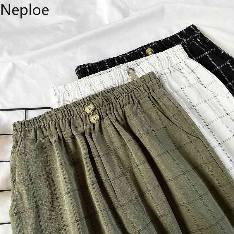 Neploe Fashion Wide Leg Pants High Waist Plaid Casual Cotton Linen Trousers Streetwear All-match Loose Korean Sweatpants 210422