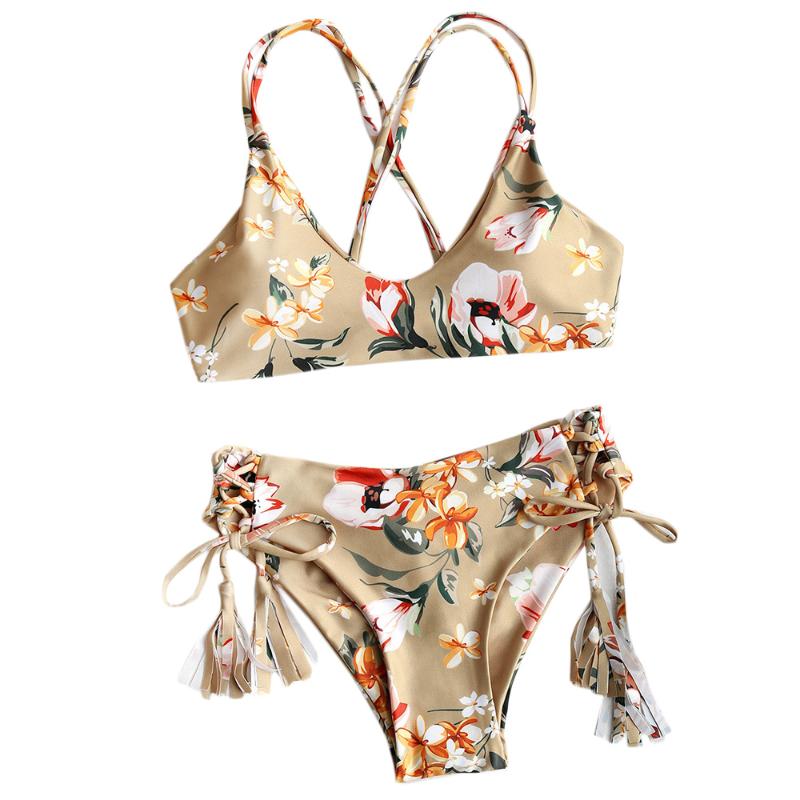 Women' Swimwear Women Bikini Swimsuit Floral Print Lace Up Two Piece Bathing Suit 2021, Brown