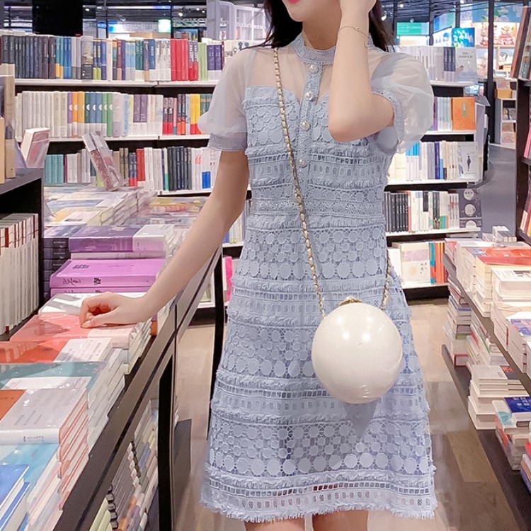 Summer Embroidery Hollow Out Lace Dress Women Fashion Stand Collar Mesh Puff Sleeve Single-Breasted High Waist Mini 210519