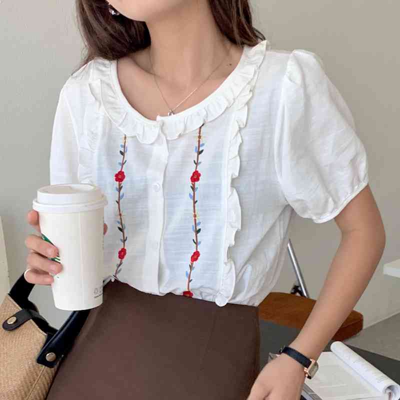 Nomikuma Chic Floral Embroidery Woman Shirt Korean Ruffle O-neck Puff Sleeve Blouses Summer Sweet New Blusas Mujer 6H527 210427