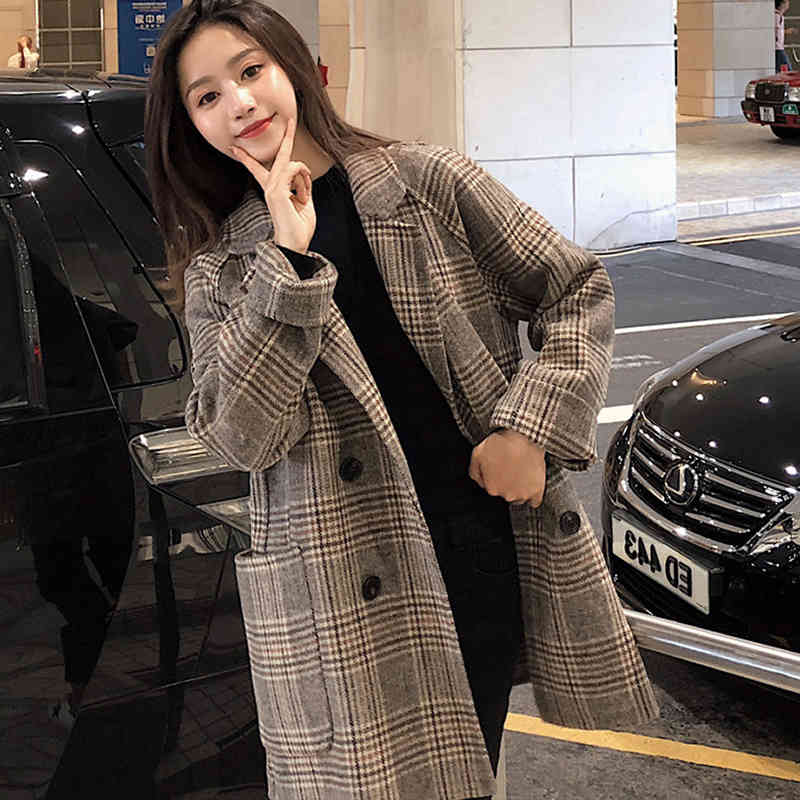 Plaid Thick Winter Coat Women Wool Blend Office Coats Fashion Double Breasted Warm Lady Jacket Long Sleeve Outwear Coat 210414