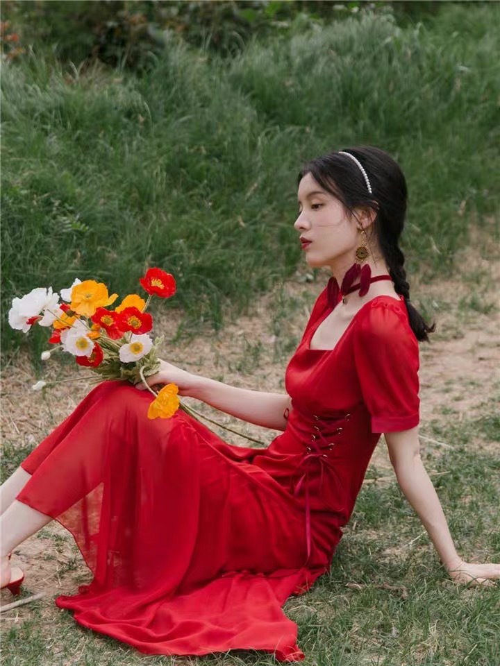 red dress women straw string square collar lace up puff sleeve A-line Lolita midi chic summer robe femme vestidos 210421