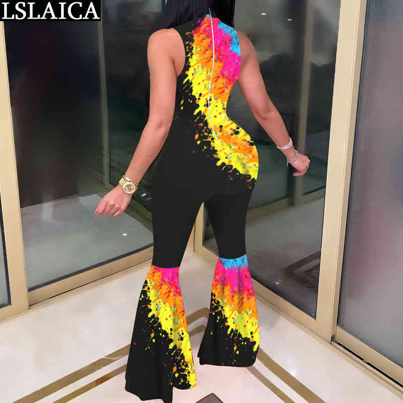 Bodysuit Women Summer Color Matching Halter Sleeveless Fashion High Waist Bell Bottom Pants Jumpsuit Skinny Plus Size 210515