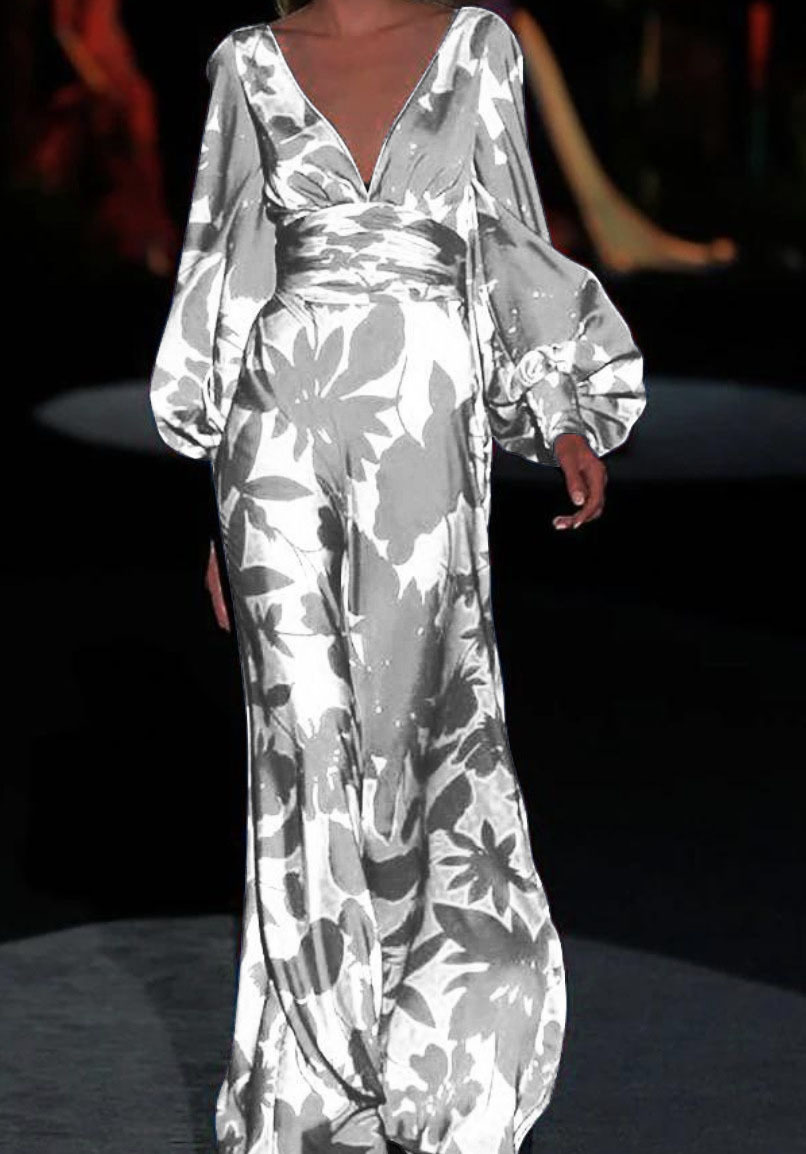 Women Dress Lantern Sleeve V-neck Print Dresses Long Plus Size Vintage Sexy Flowers Fashion 210524