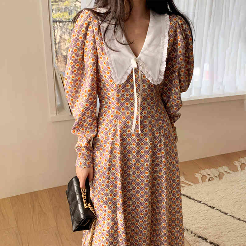 Korean Sweet Peter Pan Collar Vestidos Chic Lantern Sleeve Fashion Women Dresses Spring Print Slim Waist Femme Robe 210519