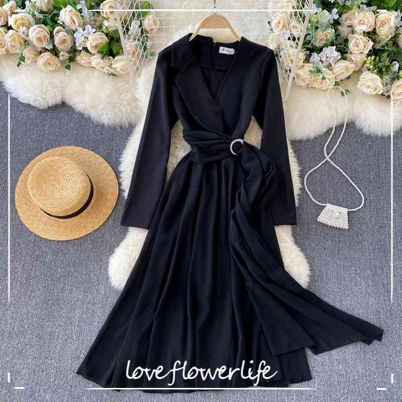 LoveFlowerLife Autumn Winter Vintage V Neck Long Sleeve High Waist Dress Solid Elegant Fashion Women Party Dresses 210521