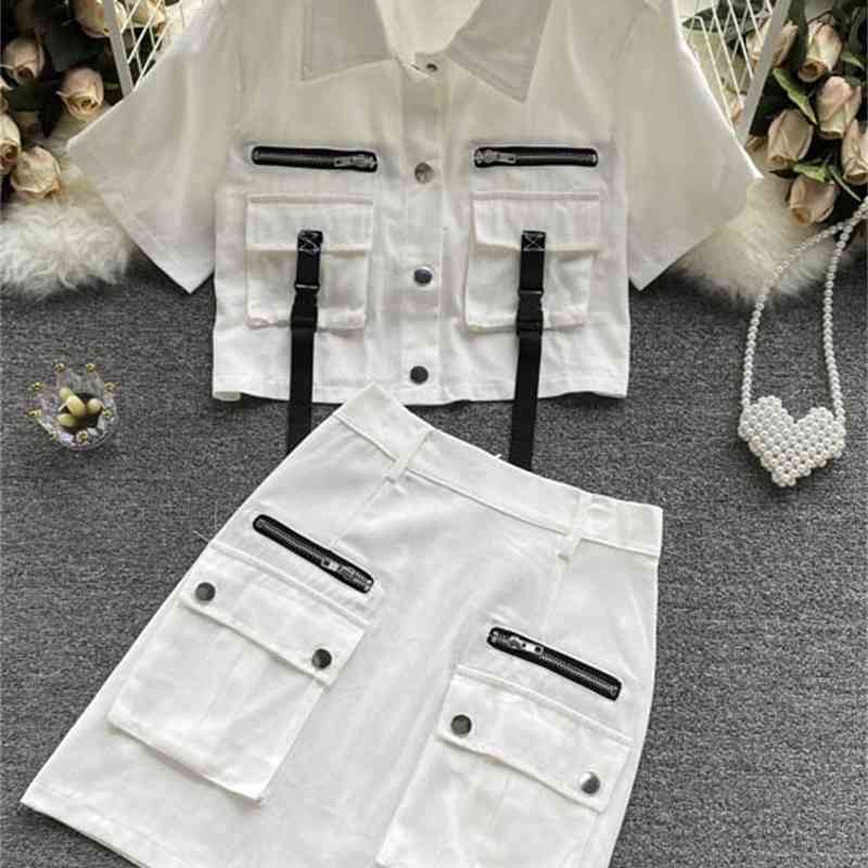 Fashion Jeans Suit Korean 2 Piece Set Women Double Pocket Top Bodycon Mini Skit Femme Roupas Summer Two Piece Set Female 210515