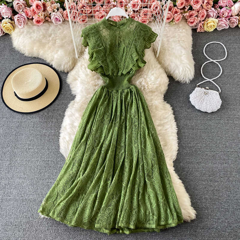 Vintage Purple/Green/Red Lace Midi Dress Women Sweet Round Neck Ruffle Vestidos Female High Waist Slim Robe Spring Autumn 210630