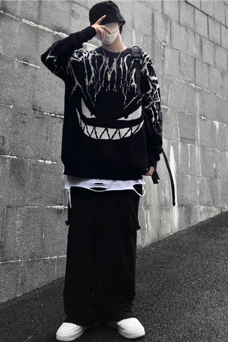 Woherb Harajuku Black Sweater Women Men Lightning Devil Knitted Jumper Oversize Pullover Hip Hop Streetwear Autumn Sweaters 211018
