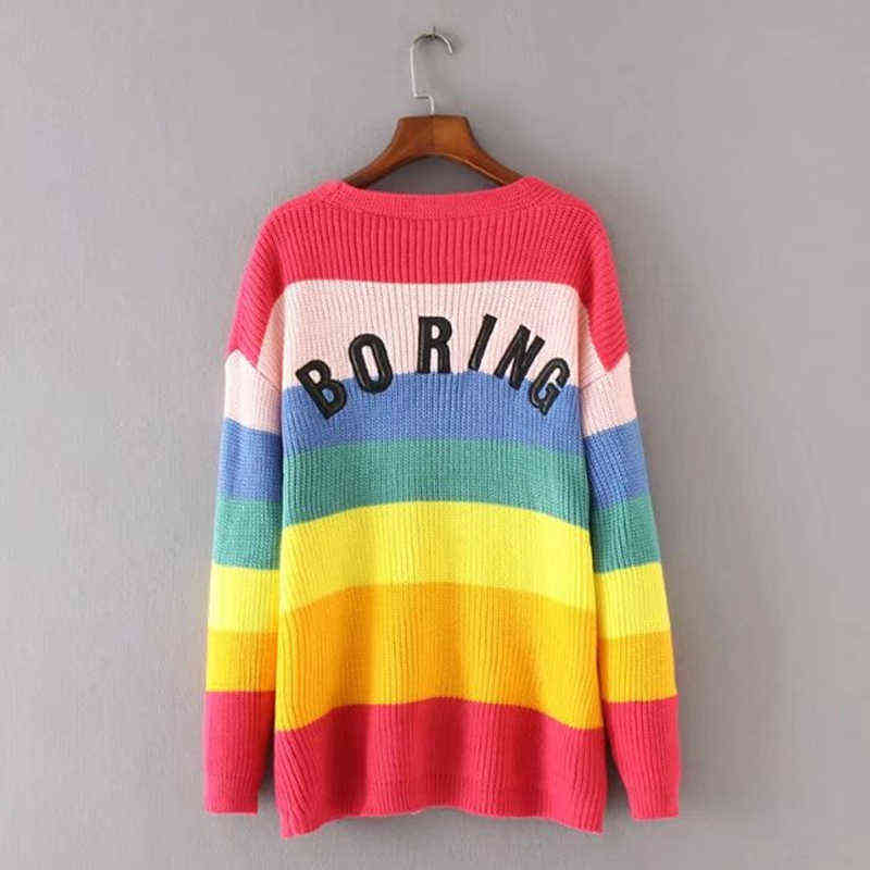 Lazy BORING Emboridery Rainbow Striped Cardigan Oversized Long Sleeve Knit Top Womens Sweaters Cardigans Harajuku Outift / 211117