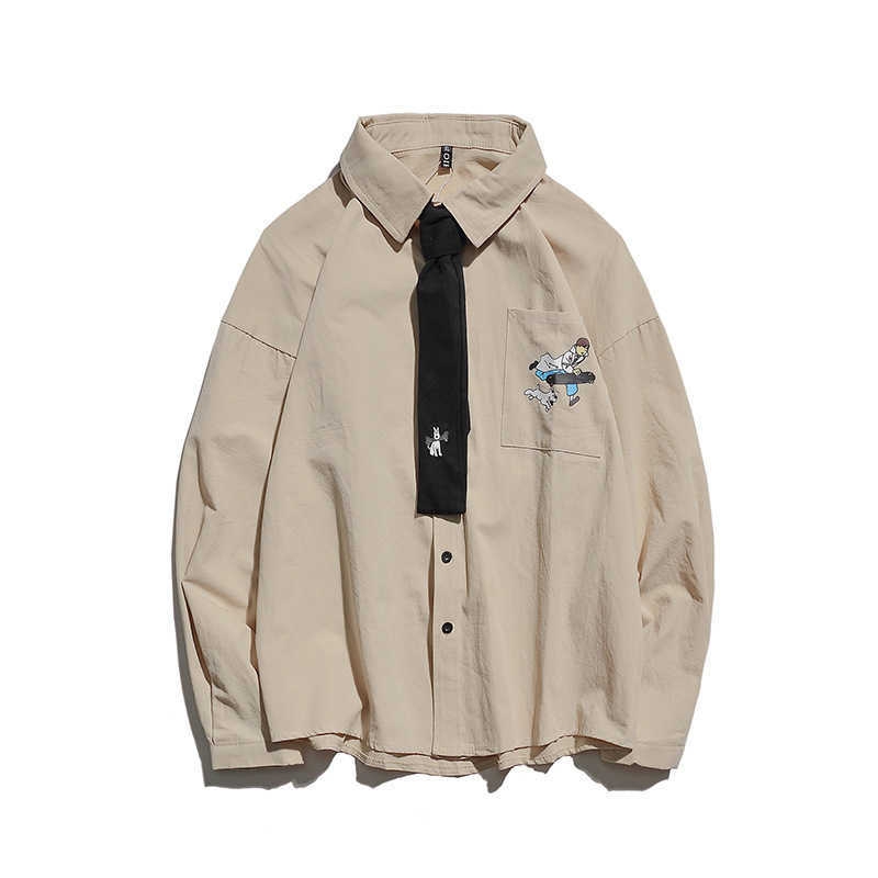 Mens Streetwear Fashion Shirts Oversized Chest Pocket Print Harajuku Shirt Long Sleeve Japanese Comic Boy Tie Shirts For Man Top 210527