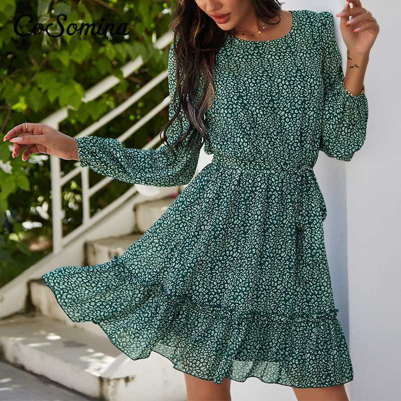 CoSomina Floral Print Ruffled Summer Dress Women Elegant Long Sleeve Sashes Female Chiffon Dress Bohemian Spring Short Dress 210630
