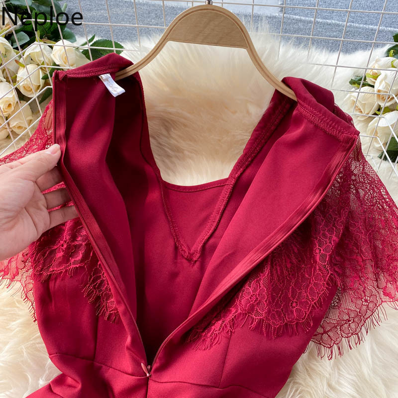 Neploe Women Jumpsuits Vintage Lace Ruffle Patchwork Tank Rompers Elegant V Neck Sleeveless Summer Beach Slim Wide Leg Pants 210422