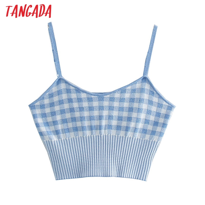 Women Blue Plaid Knitted Tank Top Sleeveless Backless Female Knit Tops 3N29 210416