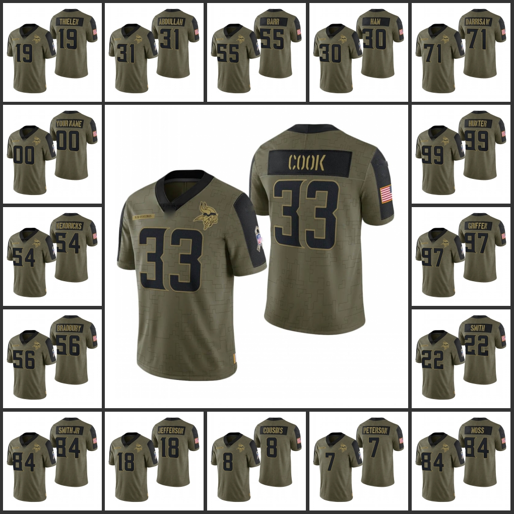 

Minnesota''Vikings''Men #33 Dalvin Cook 8 Kirk Cousins 19 Adam Thielen 22 Harrison Smith 84 Moss Women Youth Custom Olive Limited Salute To Service Jersey