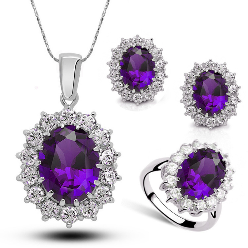 Princess The Same Sapphire Ring Earrings Necklace Set Ladies Crystal Diamond Jewelry Europe and South Korea INS Net Red Models313h