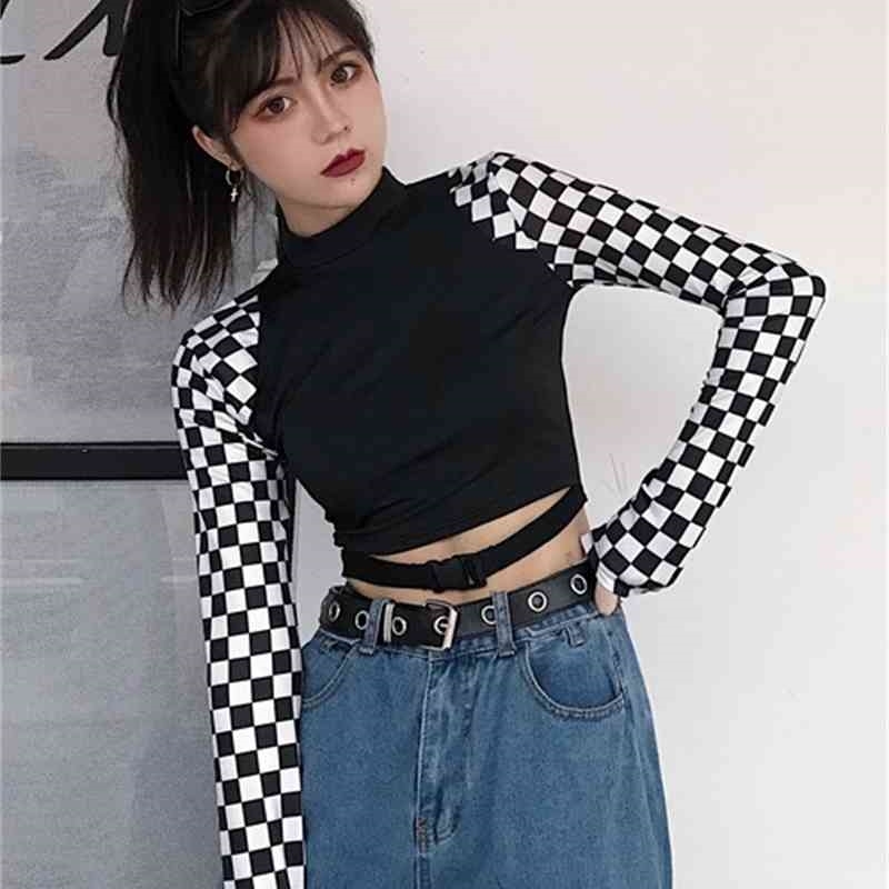 Korean Harajuku Cro Top T Shirt Women Plaid Checkerboard Contrast Color T-shirt Fashion Streetwear Slim Patch Tees 210519