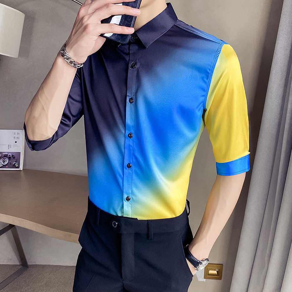 Summer Half Sleeve Shirts Men Gradient Printed Slim Fit Casual Shirt Male Business Formal Dress Shirts Social Party Blouse 210527