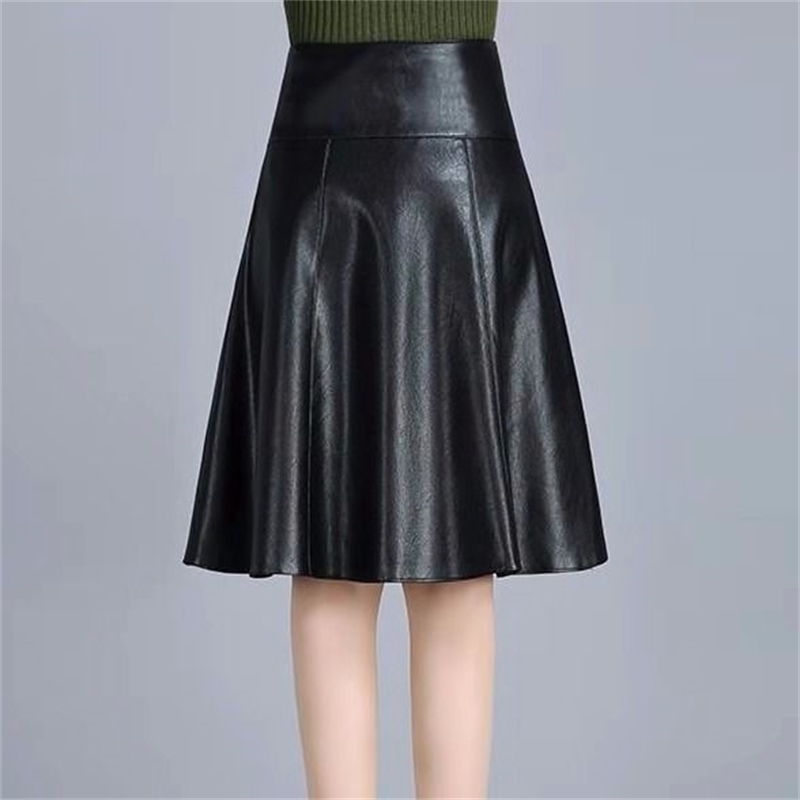 High Waist Leather Sheepskin A-Line Skirts Elegant Black Korean Womens Female Indie Folk Knee Length Ladies Office 210621