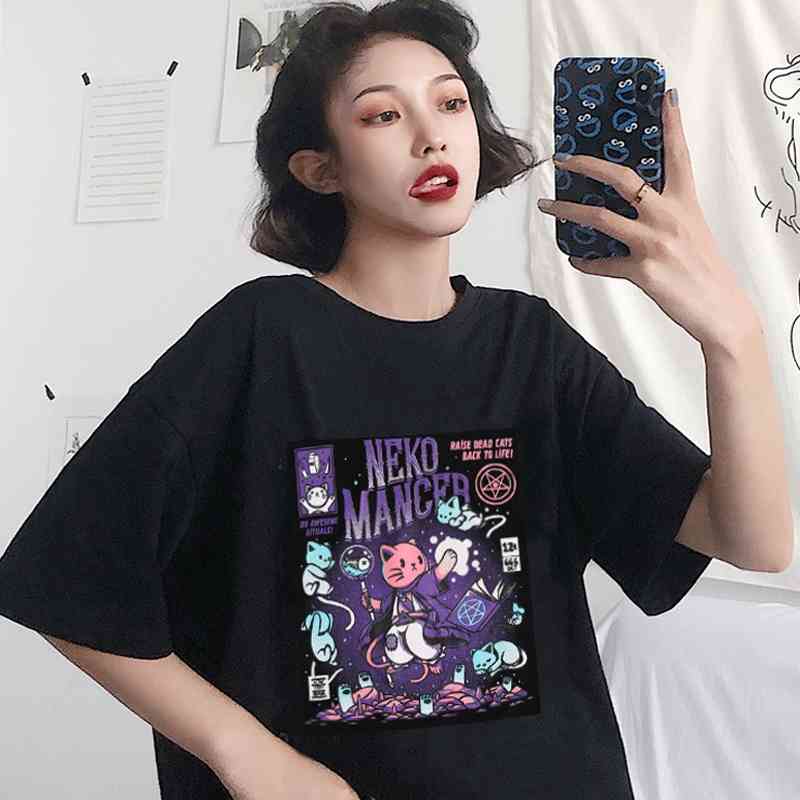 Neko Mancer T-Shirt Unisex Cute Aesthetic Grunge Black Tee Satantic Gothic Clothing Witch Shirt 210406