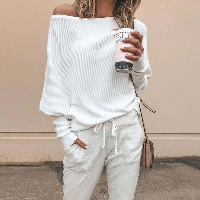 Foridol sexy off shoulder knitted pullovers tops women autumn winter white batwing sleeve black basic sweater jumper 210415