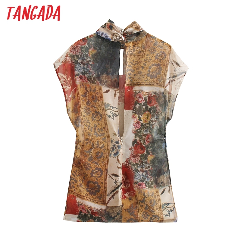 Women Fashion Floral Print Chiffon Blouses Vintage Zipper Female Shirts Chic Tops BE342 210416