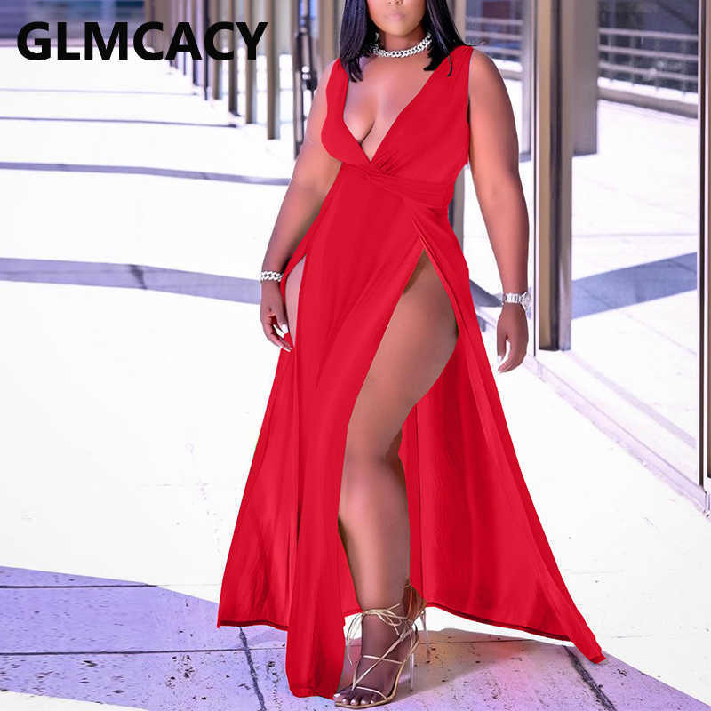 Sleeveless V Neck Maxi Dress Elegant Evening Party High Slit Dresses Vestidos 210702