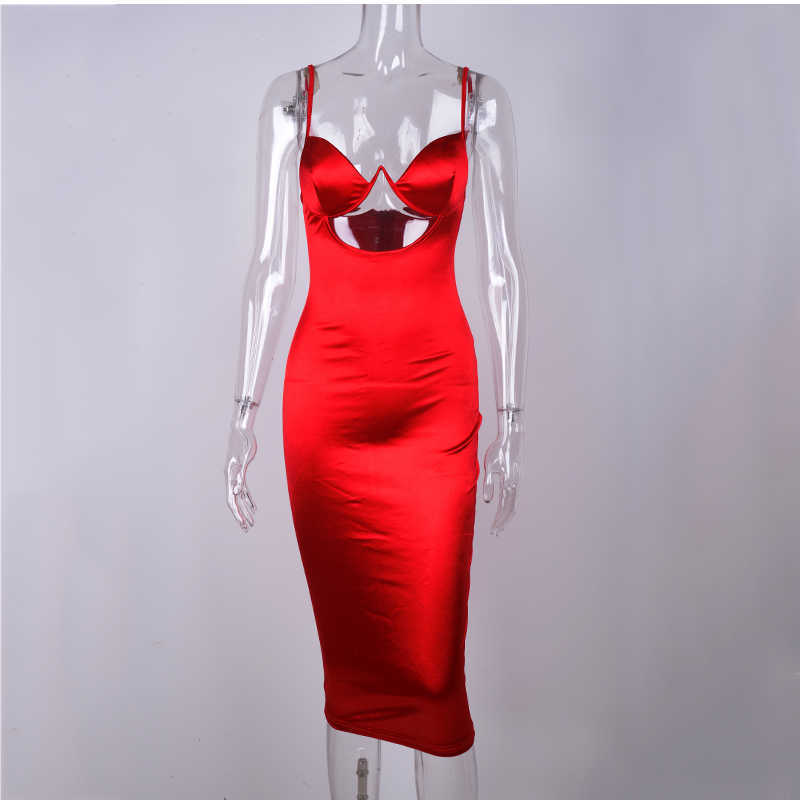 Colysmo Hollow Out Satin Midi Dress Women Underwired Push Up Padded Summer Elegant Party Wear Bodycon Sexy 210527