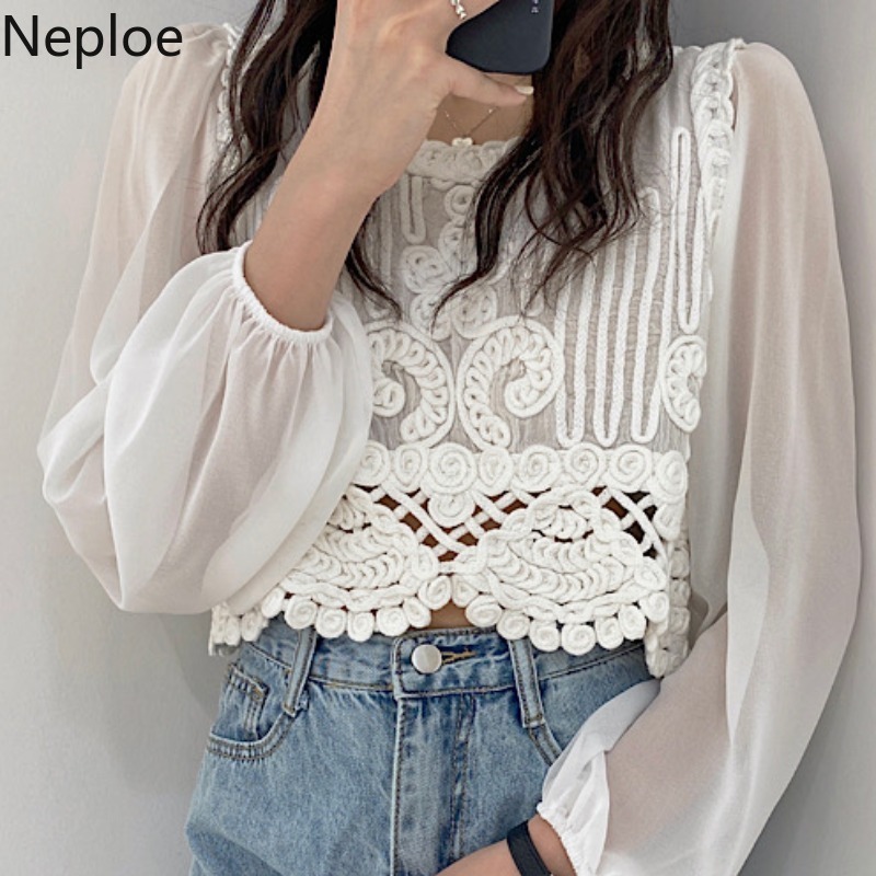 Neploe Blusas De Mujer Korean Chic Blouse Women Chiffon Crochet Floral Patchwork Shirts See Through Sun Protection Blouses Tops 210422