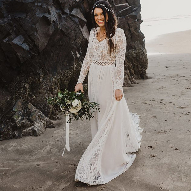 Hippie Boho Beach Wedding Dress Chiffon Seaside Long Sleeve Elopement Backless Bride Dresses Big Size Photoshoot V Neck Lace Bridal Formal Gowns Maria