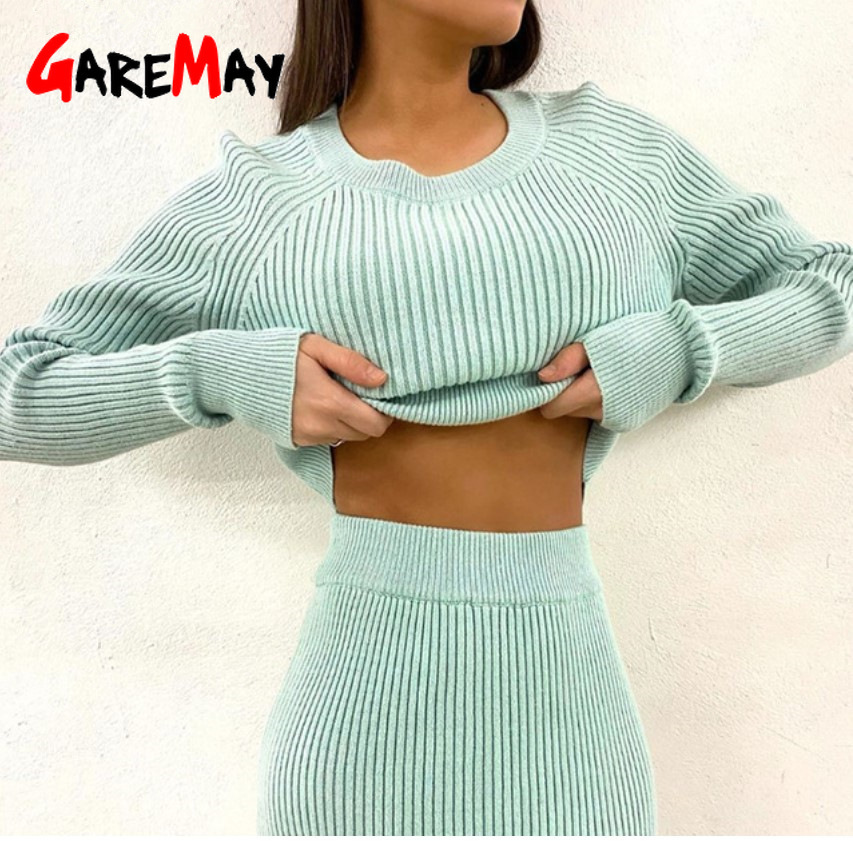 Knitting Pullover And Skirt Two Piece Set Women Slim Fit Cropped Tops Autumn Elegant Sweater Skirts 2 Sets 210428