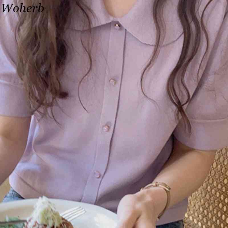 Knitted Thin Tops Women Solid Color Short Sleeve Single Breasted Sweater Sweet Peter Pan Collar Fashion Cardigan Sueter 210519