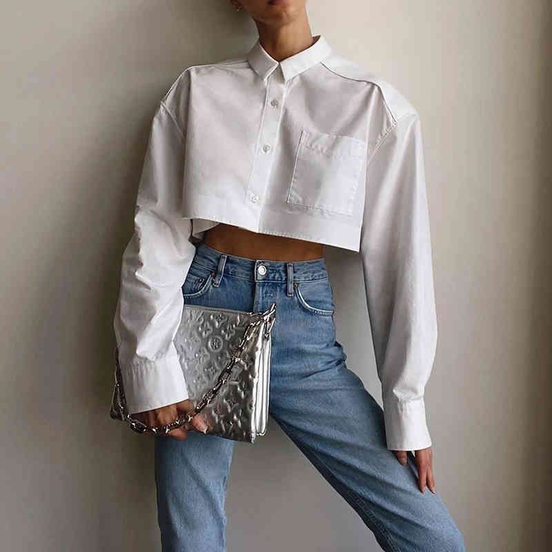 Elegant White Basic Women Cropped Shirt Summer Vintage Single Breasted Long Sleeve Lapel Pocket Temperament Chic Tops 210521