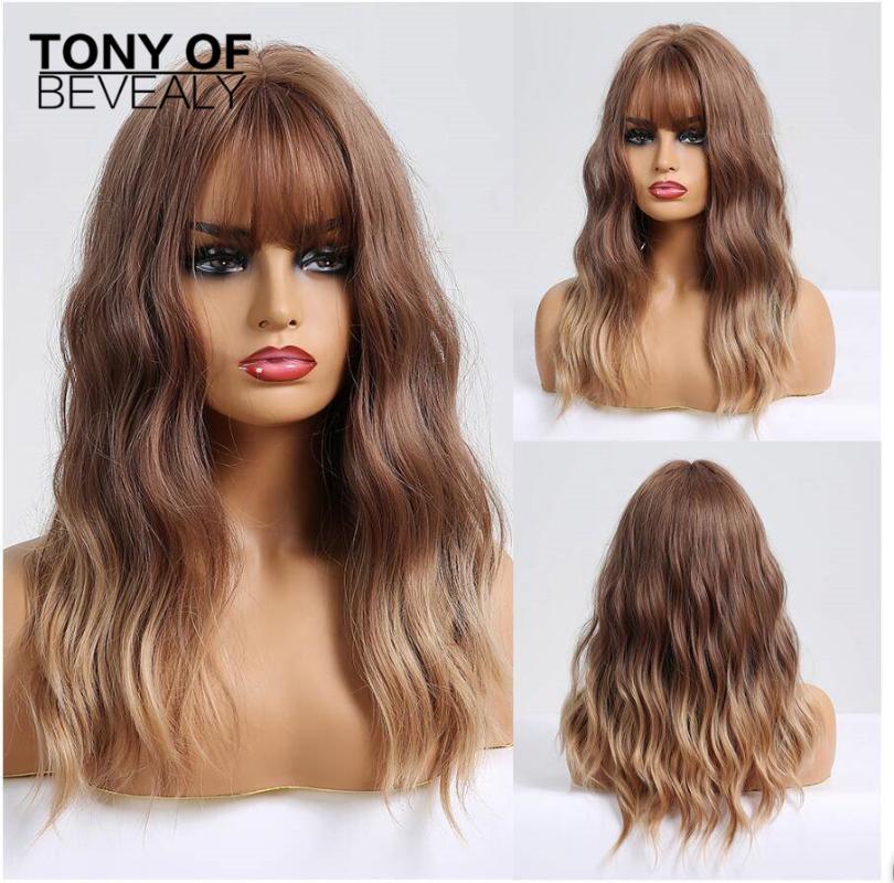 Synthetic Wigs Long Wavy With Bangs Platinum Blonde Ombre Hair For Afro Women Cosplay Natural Daily Heat Resistant