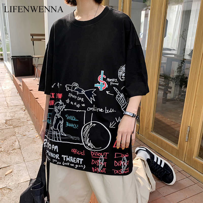 LIFENWENNA Loose Fit T Shirt Men Fashion Men's T-shirt Graffi Print Cotton Summer Short Sleeve O-Neck Tees Male Streetwears 210528