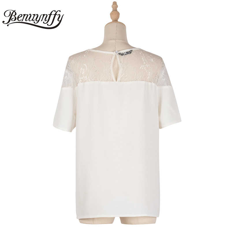 Round Neck Lace Patchwork Casual Blouses Women Fashion Summer Short Sleeve Ladies Tops Solid Clothing 210510