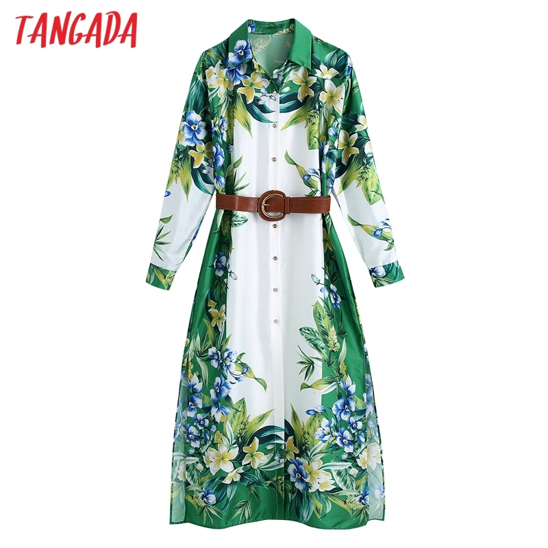 Women Chic Fashion Floral Print Midi Dress with Belt Vintage Long Sleeve Female Dresses BE466 210416
