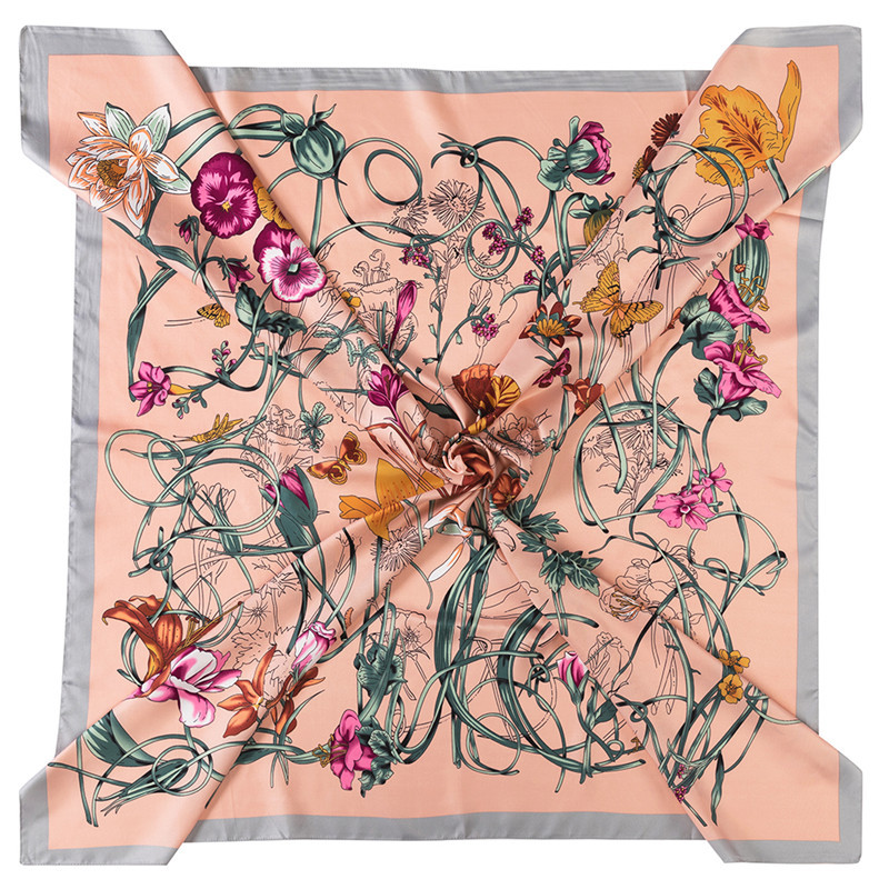 130cm New Twill Silk Scarf Insect Flower Printing Women Large Square Fashion Shawl Handkerchief