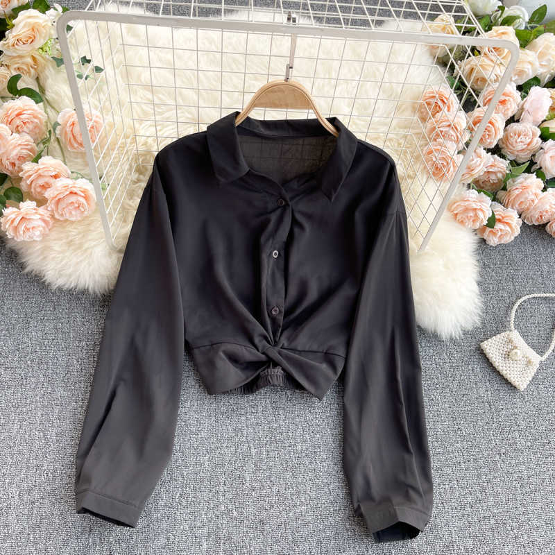 Women Fashion White Shirt Lapel Long Sleeve Knot High Waist Pure Short Tops Female Korean Vintage Clothing Blouse R643 210527