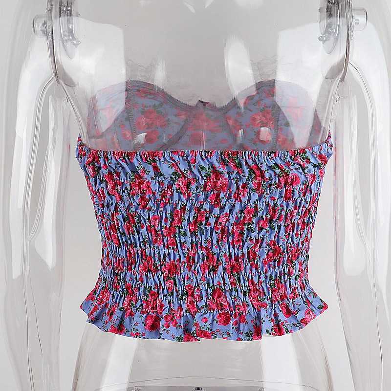 Colysmo Floral Corset Top Women Lace Patchwork Print Ruched Backless Crop Casual Party Bustier Ladies Summer Strapless Cami 210527